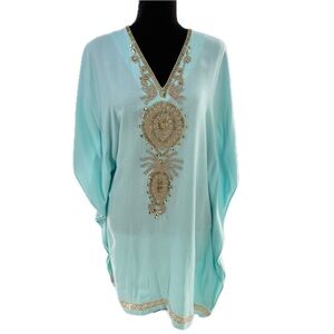 LILLY PULITZER Chai Caftan Pool Blue & Gold Beaded Tunic Dress Size Small/Medium